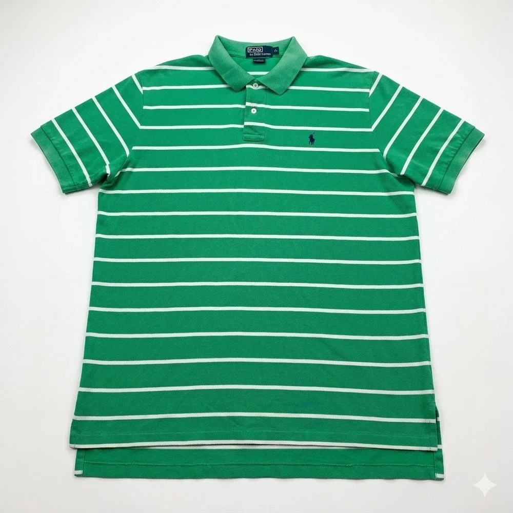 Polo Ralph Lauren Shirt Mens XL Green White Striped Pony Logo Classic Fit Cotton